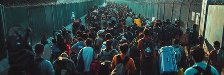 Thousands of refugees navigate a crowded border camp, carrying their belongings amidst hope and uncertainty during a crisis.の素材