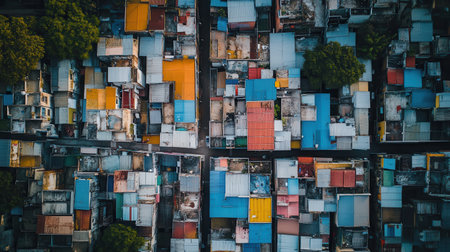 Colorful roofs of shanties contrast sharply with opulent villas, illustrating the deep divide between wealth and poverty in the city.の素材