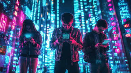 Individuals bow their heads to smartphones while numbers and codes illuminate the surrounding area, highlighting virtual isolation.の素材