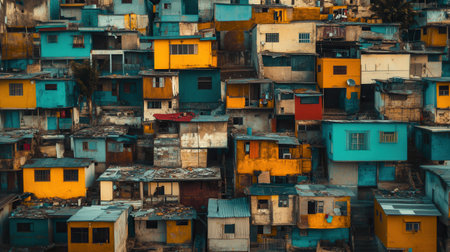 Brightly painted shanties stand in stark contrast to luxurious villas, highlighting the divide between wealth and poverty in the area.の素材