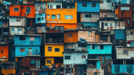 Luxurious villas stand adjacent to dilapidated shanties, showing the stark contrast of wealth and poverty in an urban setting.の素材
