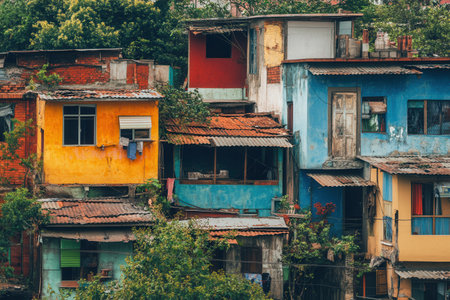 Luxurious villas stand in stark contrast to surrounding dilapidated shanties, illustrating urban social inequality and residential disparity.の素材