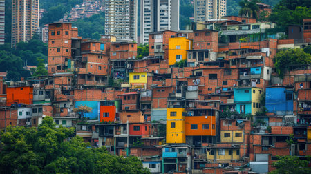 Luxurious villas stand in stark contrast to vibrant shanties, highlighting significant social inequality in an urban setting.の素材