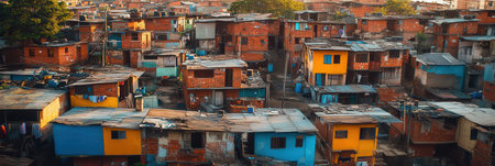 Luxurious villas stand next to deteriorated shanties, illustrating stark social inequality in a vibrant urban environment during daylight.の素材