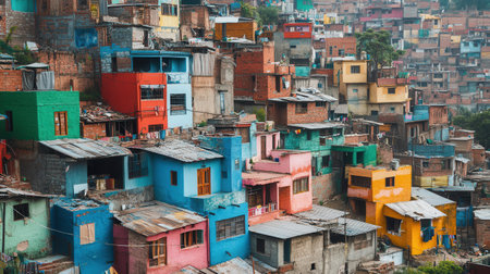 Luxurious villas stand in stark contrast to colorful shanties, illustrating the profound social inequality in this urban area.の素材