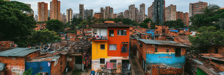 Luxurious villas stand in stark contrast to dilapidated shanties, revealing a profound social divide in urban living environments.の素材