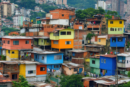 Luxurious villas tower above vibrant shanties, highlighting stark social inequality in a bustling urban landscape filled with contrasts.の素材