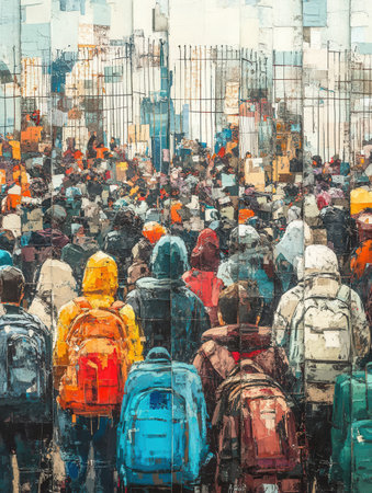 Large groups of people with backpacks and suitcases gather at a border, reflecting the struggles and hopes of displaced individuals.の素材