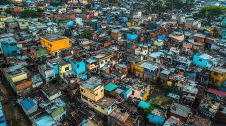A stark divide showcases affluent villas alongside vibrant yet run-down shanties, highlighting the city's social inequality and economic disparity.の素材