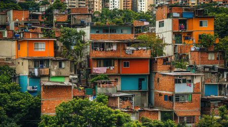 A view captures the stark contrast of affluent villas adjacent to run-down shanties, illustrating significant social inequality in the area.の素材