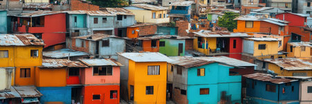 A vibrant urban landscape showcases the stark contrast of upscale villas next to colorful shanties, highlighting social inequality.の素材