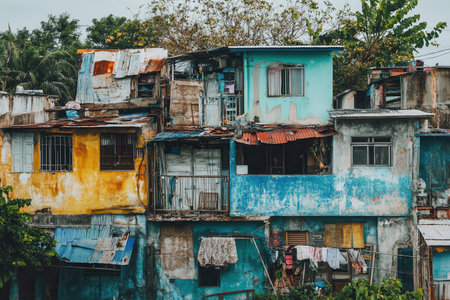 A striking juxtaposition of opulent homes alongside crumbling shanties highlights significant social inequality within the community.の素材