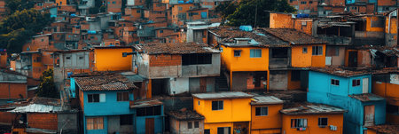 Luxury villas stand in sharp contrast to dilapidated shanties, highlighting the stark social inequality in urban living.の素材