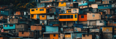 The stark contrast of affluent villas and rundown shanties highlights the pressing social inequality within urban environments.の素材