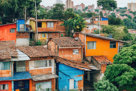 Luxurious villas stand beside dilapidated shanties, revealing stark contrasts in living conditions and social stratification.の素材
