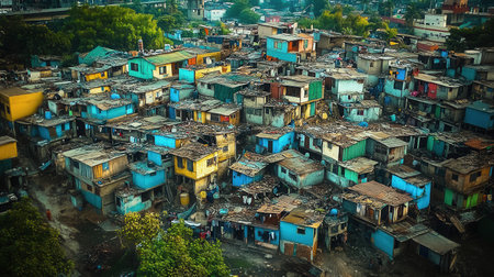 Luxurious villas stand in stark contrast to dilapidated shanties, highlighting the issue of social inequality in urban areas.の素材