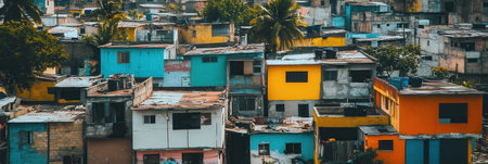 A striking view reveals luxurious villas adjacent to dilapidated shanties, highlighting social inequality in the urban landscape.の素材