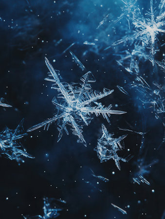 Beautifully intricate snowflakes emerge from the depths, surrounded by elegant lines, creating a tranquil winter atmosphere.の素材