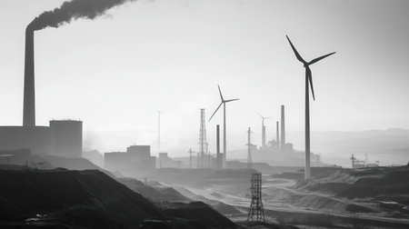 A stark contrast emerges as wind turbines rise above closed coal mines and old factories, highlighting the shift to sustainable energy.の素材