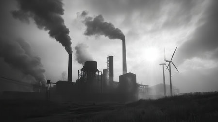 Closed mines are juxtaposed with wind turbines, illustrating the shift towards renewable energy against an industrial backdrop.の素材