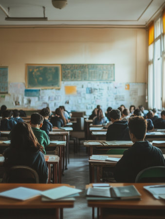 Students sit at desks in an overcrowded classroom filled with outdated materials, striving for knowledge despite limited resources.の素材
