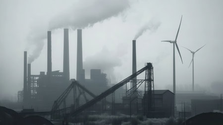 Former coal mining sites contrast with wind turbines near factories, showing the shift toward renewable energy sources.の素材