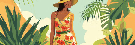 A woman dressed in a bright floral summer outfit walks through lush greenery under a clear sky, embodying the joy of the season.の素材