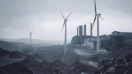 Wind turbines stand against the backdrop of abandoned coal mines and factories, symbolizing the shift towards sustainable energy solutions.の素材