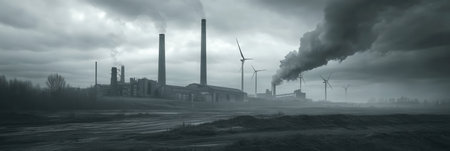 Old factories and wind turbines contrast the past reliance on coal with a new focus on sustainable energy sources.の素材