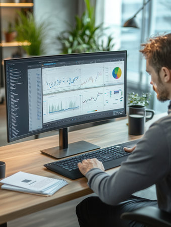 An expert focuses on a computer monitor, analyzing data while surrounded by a coffee mug and a notepad in a clean workspace.の素材