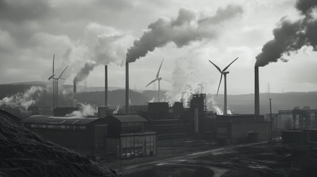 Coal mines stand closed as wind turbines spin amidst old factories, highlighting the shift to renewable energy sources in the region.の素材