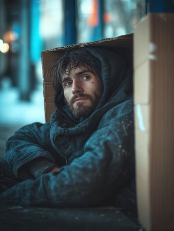 A person sits inside a makeshift box shelter, appearing weary and respondent in the wintry, desolate urban landscape.の素材