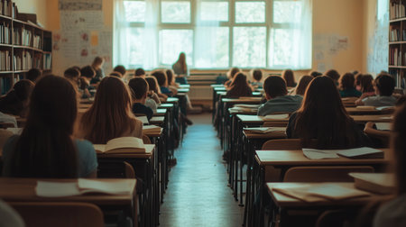 Students are packed into a classroom, engaging with outdated educational materials while striving for knowledge in a challenging environment.の素材