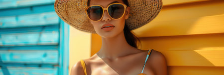 The woman showcases her summer fashion with a wide-brimmed hat and sunglasses, standing against a colorful background on a sunny day.の素材