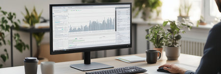 An expert is focused on a large monitor, analyzing data while surrounded by a neat desk arrangement with coffee and a notepad.の素材