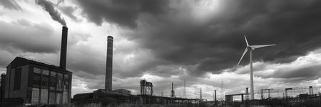 Wind turbines stand tall against the backdrop of closed coal mines and old factories, showing the shift to renewable energy sources.の素材