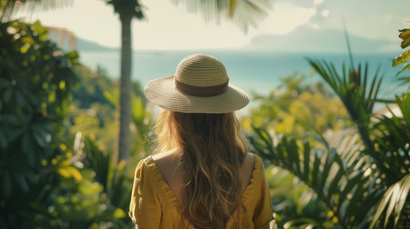 The woman in a summer outfit gazes out at the tranquil beach scene, embraced by vibrant tropical foliage.の素材