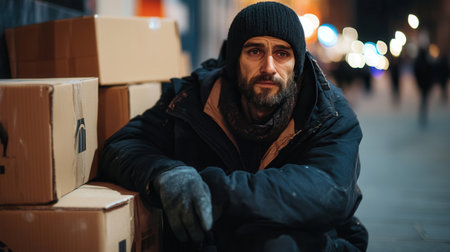 Individuals living on the streets construct makeshift shelters from cardboard boxes, showing signs of exhaustion in a cold urban environment.の素材