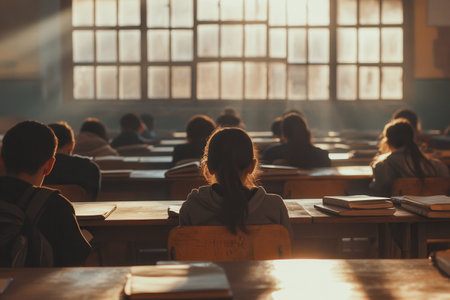 Students sit in an overcrowded classroom, surrounded by outdated educational materials, striving for knowledge despite limited resources.の素材