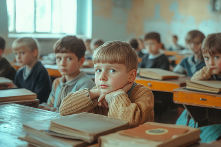 Overcrowded classroom showcases students with outdated educational materials, illustrating the struggle for knowledge and resources.の素材
