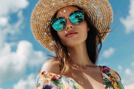 A woman stands confidently in a floral summer outfit, wearing stylish sunglasses and a wide-brimmed hat, enjoying a bright day outdoors.の素材