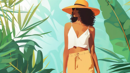 Dressed in light summer attire, a woman stands amidst lush greenery, embracing the warmth of a sunny day in a tropical setting.の素材