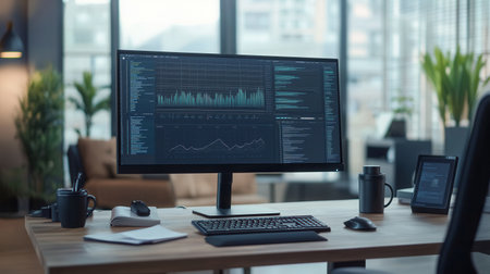 An expert concentrates on a large monitor while reviewing complex data, surrounded by an organized desk and coffee cup.の素材