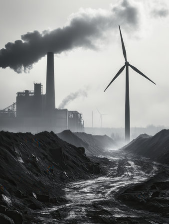 The landscape showcases wind turbines rising beside abandoned coal mines and old factories, highlighting a shift towards sustainable energy.の素材