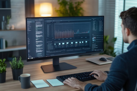 A focused professional works intently at a computer, processing data in a clean office with a coffee mug and notepad nearby.の素材