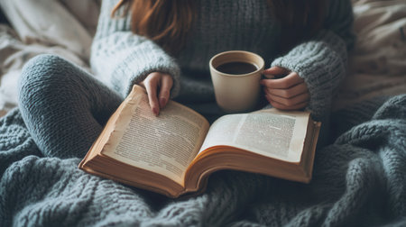 A young woman relaxes on her bed, savoring coffee while immersed in the pages of an old book, enjoying a peaceful moment indoors.の素材