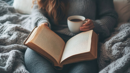 A young woman sits on her bed, reading an old book and sipping a cup of coffee, savoring a peaceful, cozy moment.の素材