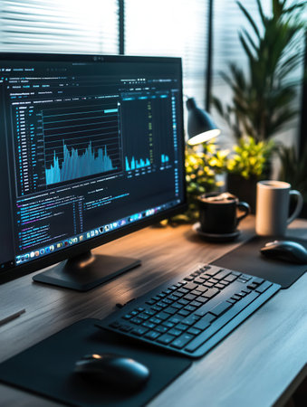 An expert analyzes complex data on a computer monitor at a tidy desk with a keyboard, mouse, notepad, and coffee mug nearby.の素材