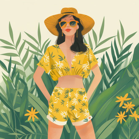 A woman showcases a stylish summer outfit with floral patterns while surrounded by greenery and yellow flowers on a sunny day.の素材