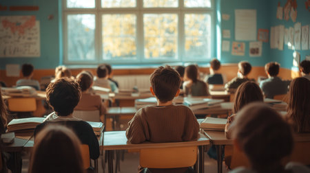 Students sit at desks in a packed classroom, surrounded by outdated educational materials, striving for knowledge despite challenges.の素材